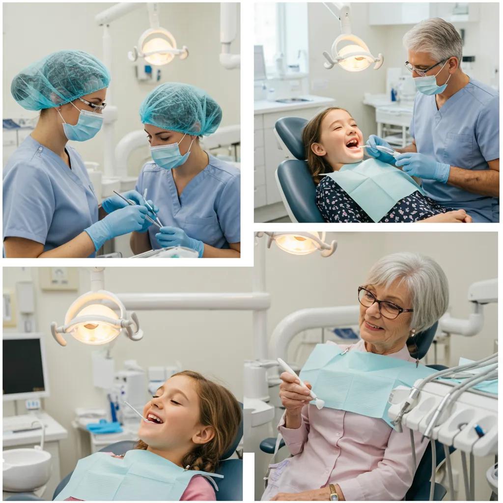Collage of family dentistry services including check-ups for children, cleanings for adults, and consultations for seniors
