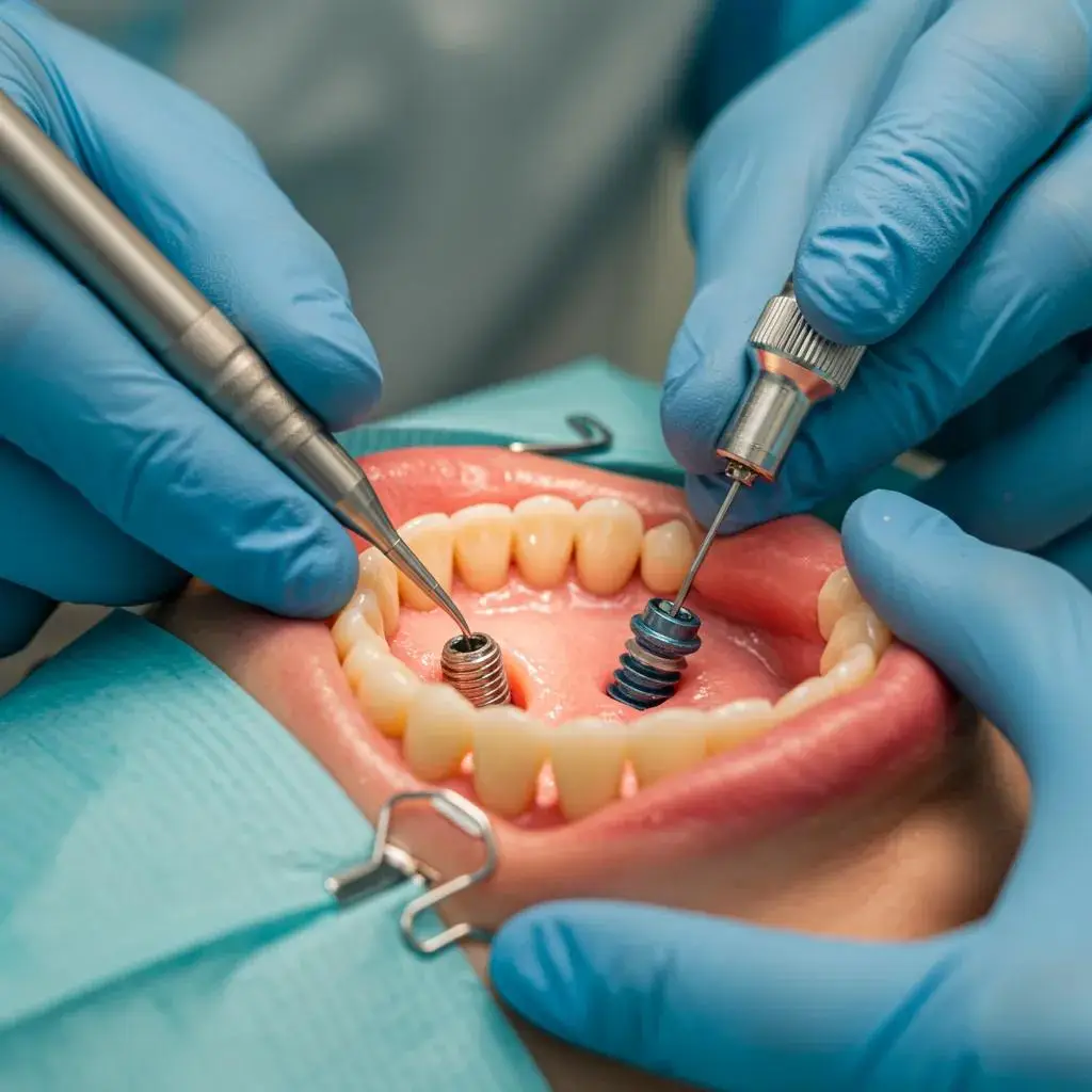 A dental professional carefully placing a dental implant during a procedure