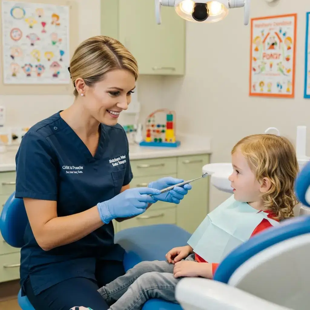 Family dentist interacting with a child in a colorful dental office, emphasizing a friendly and welcoming environment