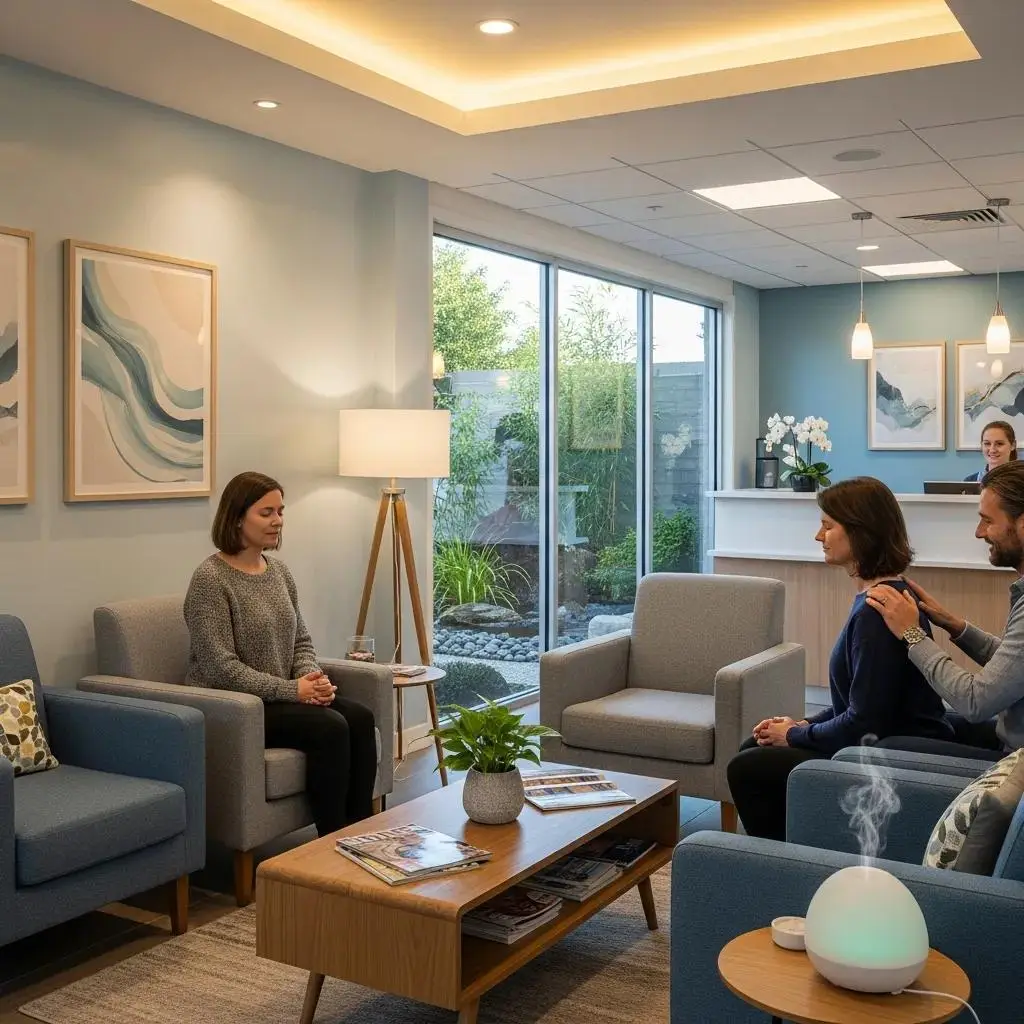 Calm dental office waiting area with a patient practicing deep breathing and a supportive friend