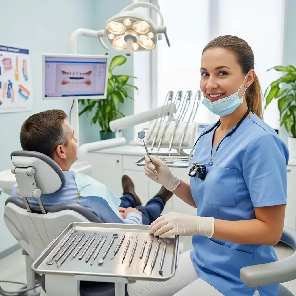 Dental hygienist preparing for a dental exam with tools ready and a patient in the chair