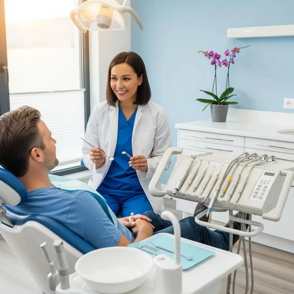 Friendly dentist explaining a dental procedure to a relaxed patient in a welcoming dental office