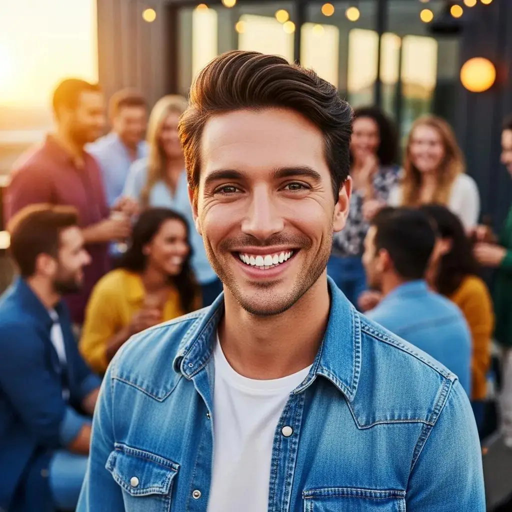 Confident individual smiling in a social setting, illustrating the social benefits of enhanced smile confidence from cosmetic dentistry