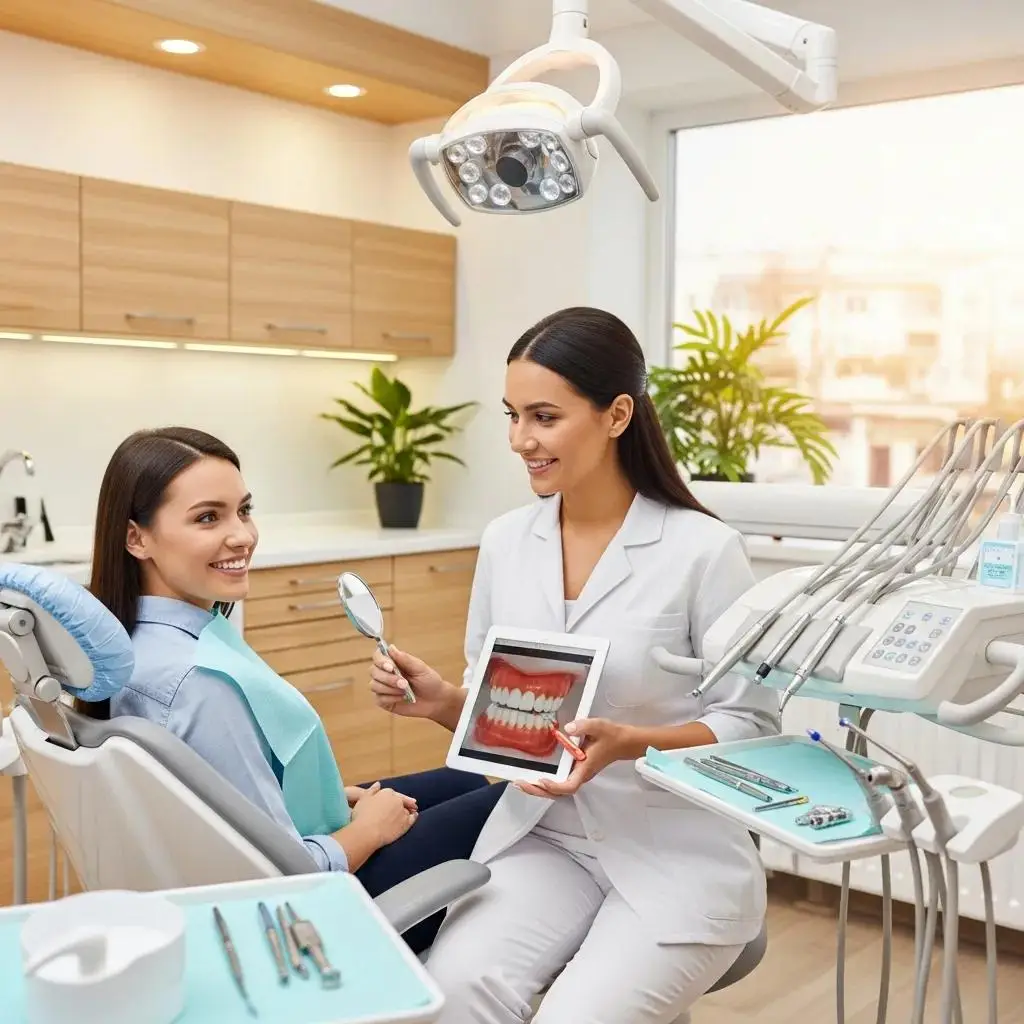 Smiling patient in a dental chair discussing cosmetic dentistry with a friendly dentist in a modern clinic