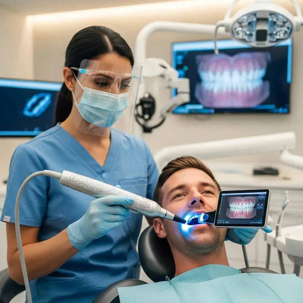 Dentist using a 3D scanner on a patient, showcasing advanced dental technology and patient comfort in a modern dental office setting.