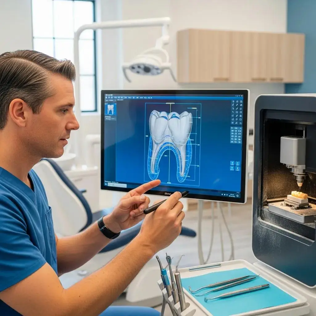 Dentist using CAD/CAM technology to create a same-day dental crown in a modern dental office