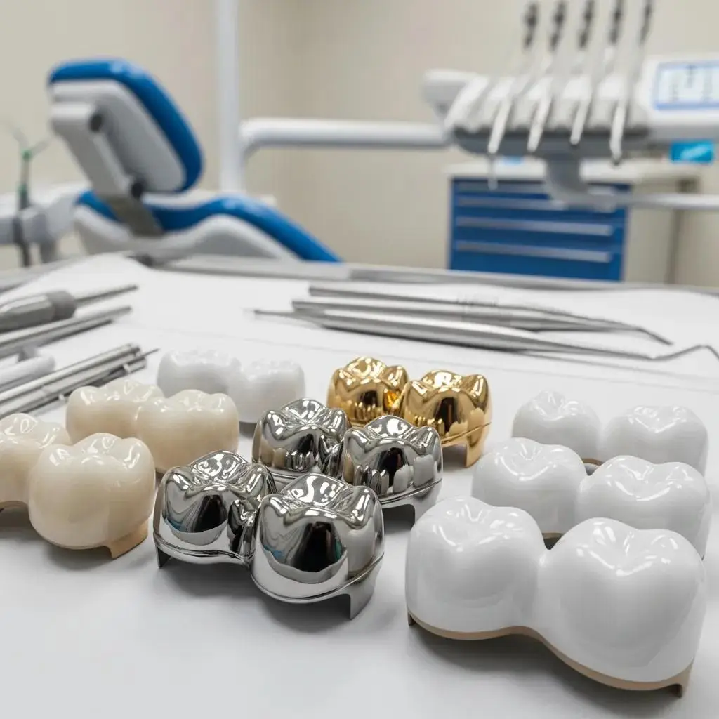 Different types of dental crowns including porcelain, ceramic, metal, and zirconia displayed on a dental tray
