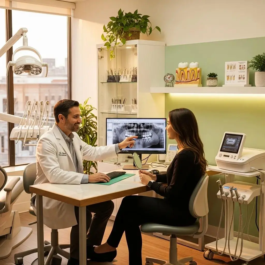 Dr. Omar Villavicencio discussing dental crowns with a patient in a modern Miami dental office