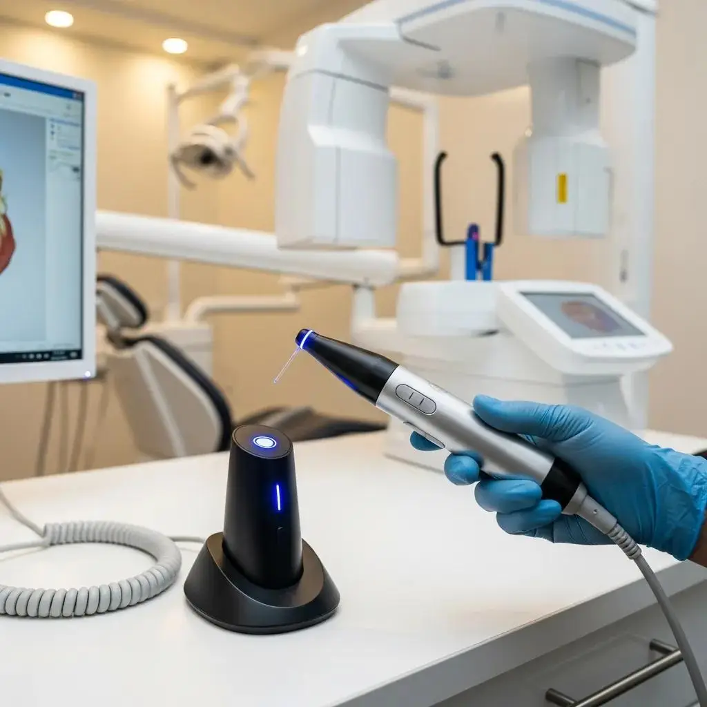 Advanced dental technology tools including a digital impression scanner and a Cone Beam CT machine in a modern dental office, emphasizing patient comfort and innovative care.